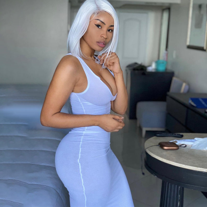 Solid Ribbed Knitted Dress Women Sleeveless Long Maxi Dress V Neck Bodycon Party Club Casual 2021 Spring Summer Vestidos