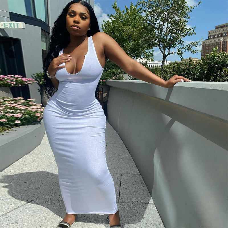 Solid Ribbed Knitted Dress Women Sleeveless Long Maxi Dress V Neck Bodycon Party Club Casual 2021 Spring Summer Vestidos
