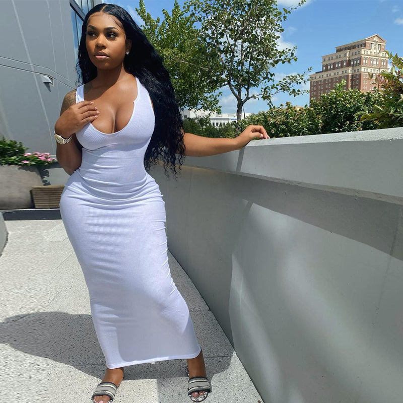Solid Ribbed Knitted Dress Women Sleeveless Long Maxi Dress V Neck Bodycon Party Club Casual 2021 Spring Summer Vestidos