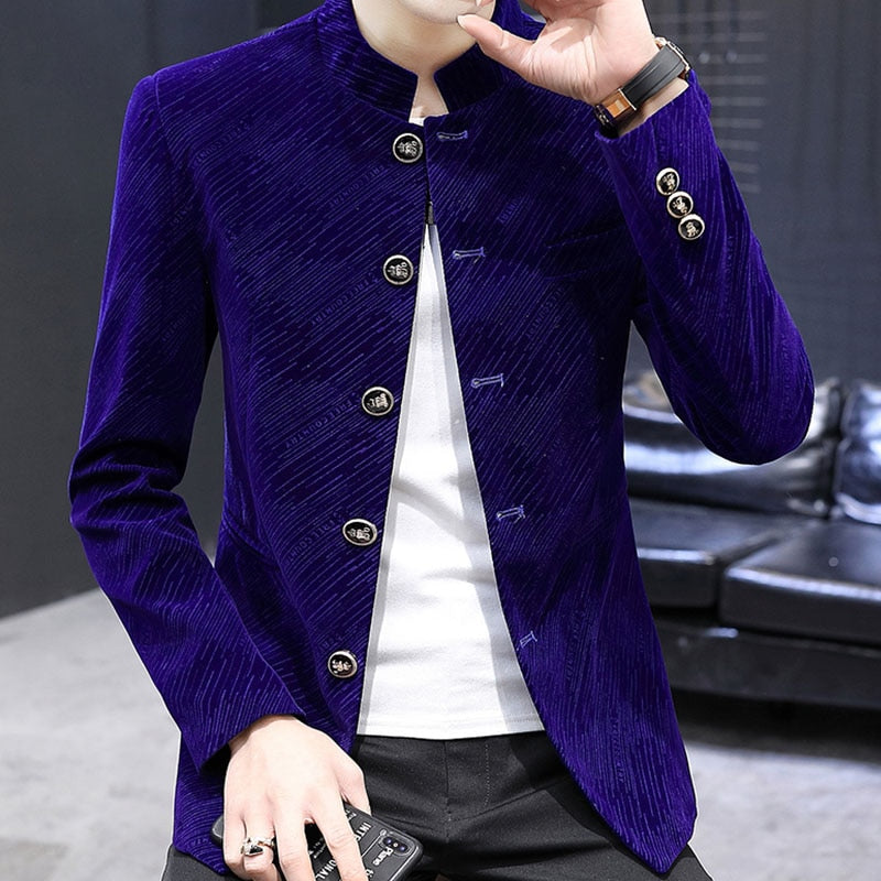 Men Velvet Tunic Suit Jacket Mandarin Stand Collar Striped Casual Blazers 2021 New Slim Fit Male Coat Outerwear