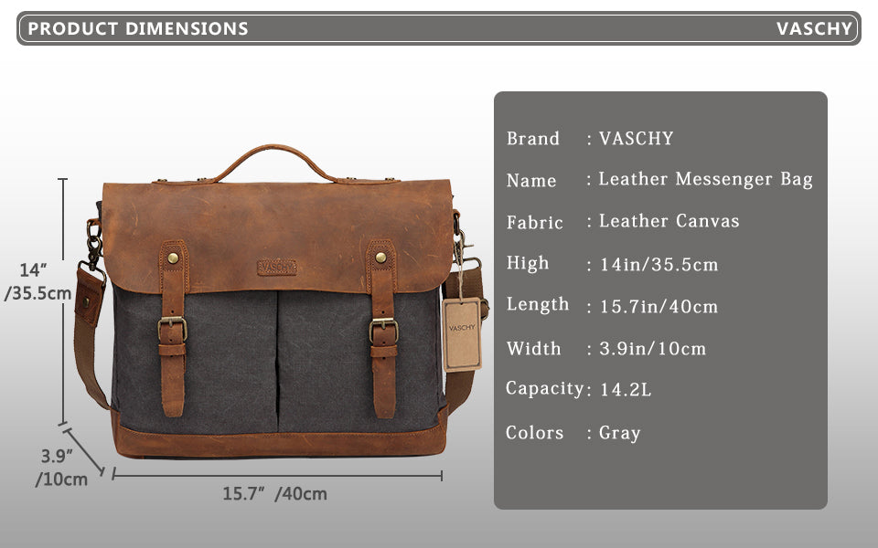Premium Quality VASCHY Casual Unisex Briefcase Business Messenger Bag Cowhide Leather Canvas Shoulder Bag 15.6 inch Laptop Handbag for Men/Women