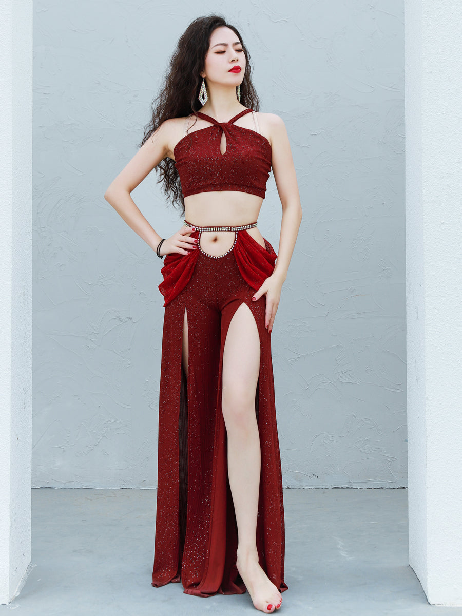 Women Belly Dance Dance Suit Practice Clothes New Sexy Hollow Split Long Skirt+Top Bellydance Suit