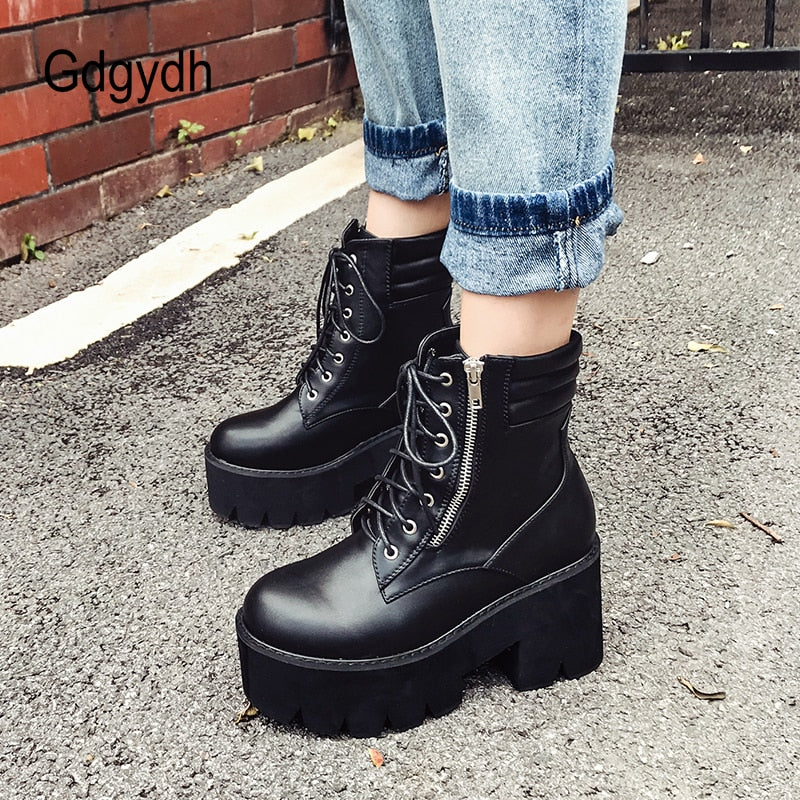 Ankle Boots For Women Motorcycle Boots Chunky Heels Casual Lacing Round Toe Platform Boots Shoes