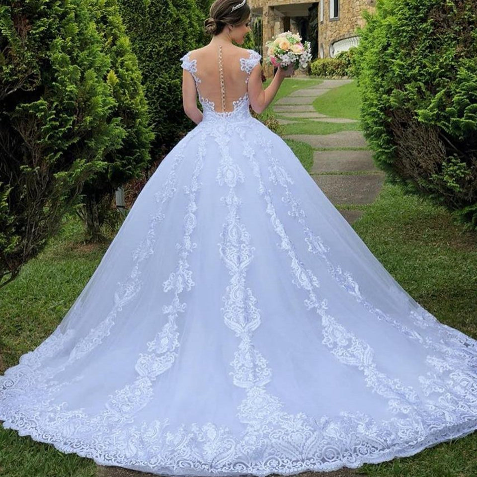 New Illusion White/Ivory Ball Gown Long Wedding Dress Short Sleeves Bride Dresses Princess Tulle Elegant Wedding Gowns