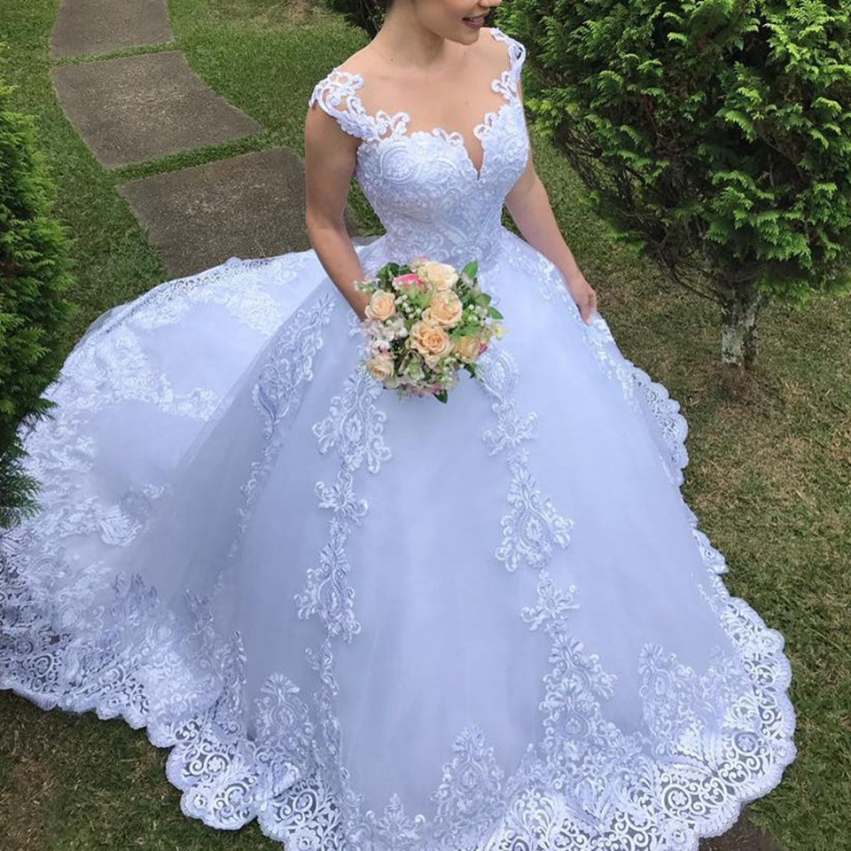 New Illusion White/Ivory Ball Gown Long Wedding Dress Short Sleeves Bride Dresses Princess Tulle Elegant Wedding Gowns