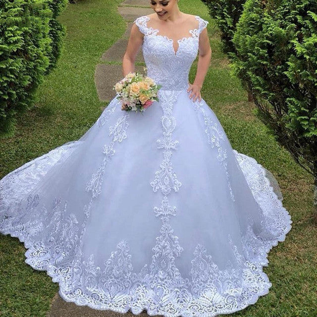 New Illusion White/Ivory Ball Gown Long Wedding Dress Short Sleeves Bride Dresses Princess Tulle Elegant Wedding Gowns