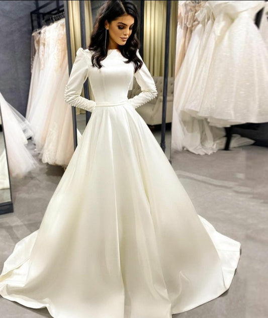 Beautiful Long Puff Sleeves Wedding Dress Matte Satin A Line Bride Gown