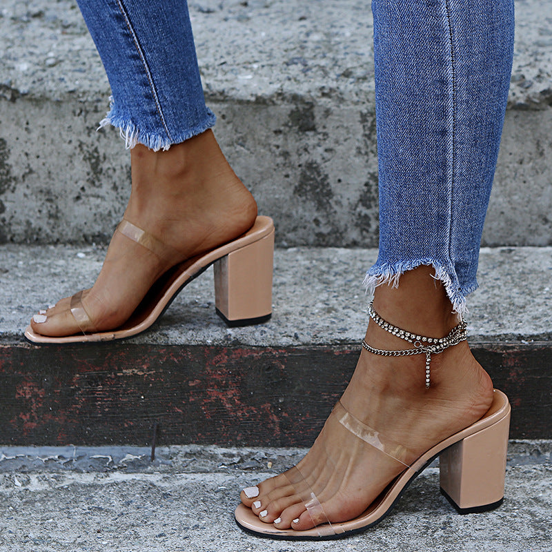 Women Sandals Summer Slippers Sexy Transparent PVC Belt Open-Toe Slip-On Quality High Heel Slippers Shoes Jelly Sandals