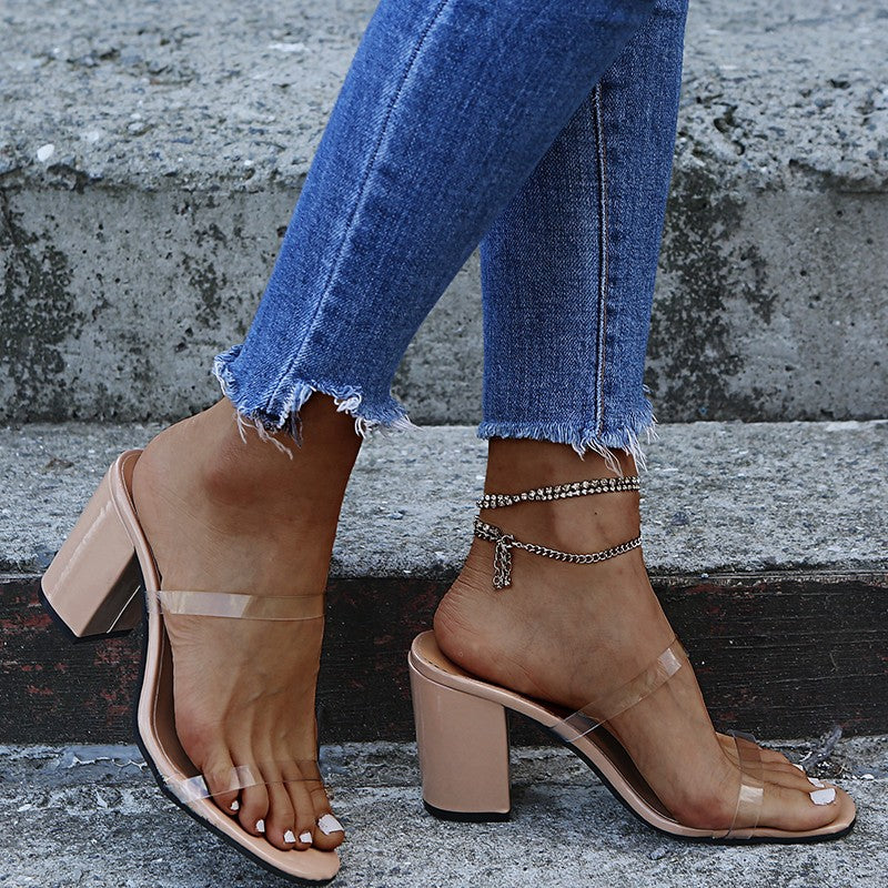 Women Sandals Summer Slippers Sexy Transparent PVC Belt Open-Toe Slip-On Quality High Heel Slippers Shoes Jelly Sandals