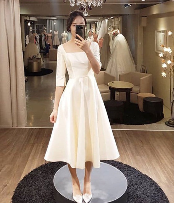 Simple Half Sleeves Short Wedding Dress Mid-Calf Satin Party Gowns Square Collar Neck