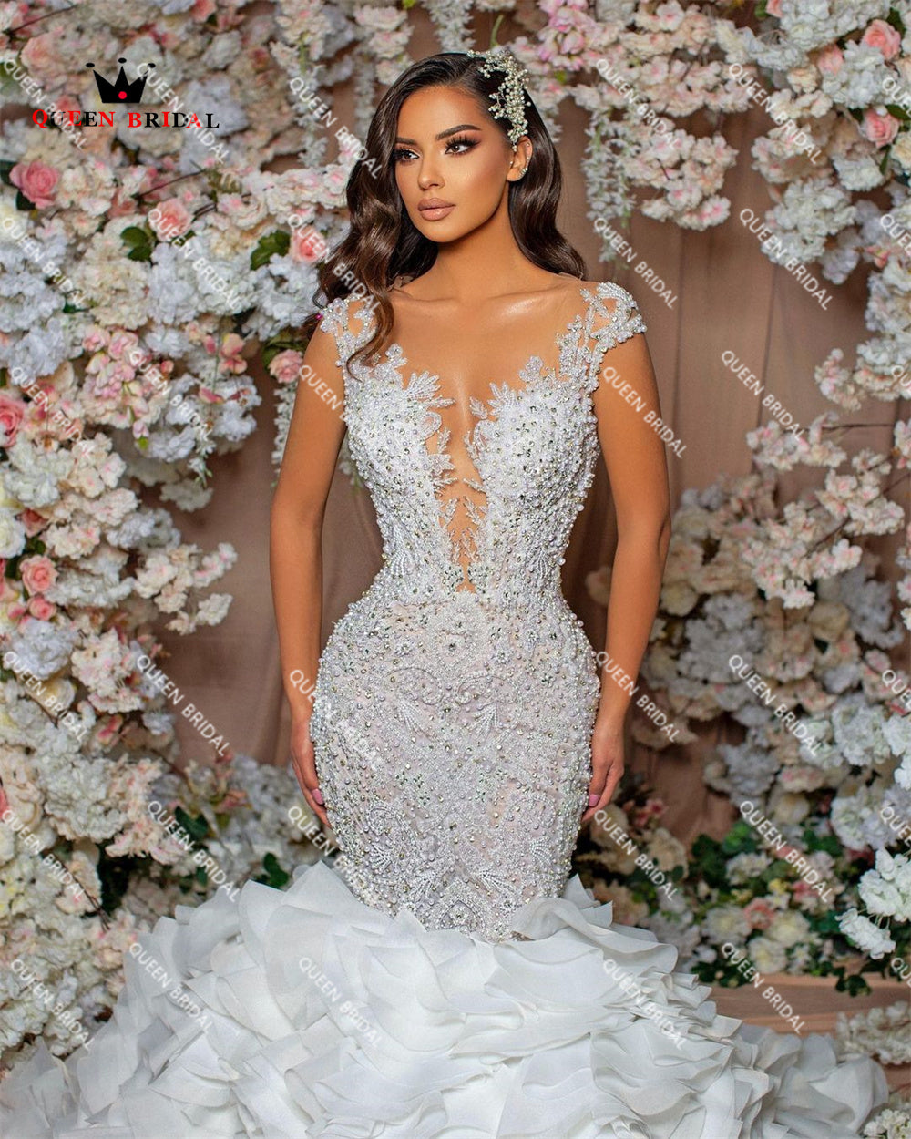 Premium Sexy Mermaid Wedding Dresses Luxury Puffy Train Tulle Lace Crystal Beaded Diamonds Bridal Gown New Design Custom Made