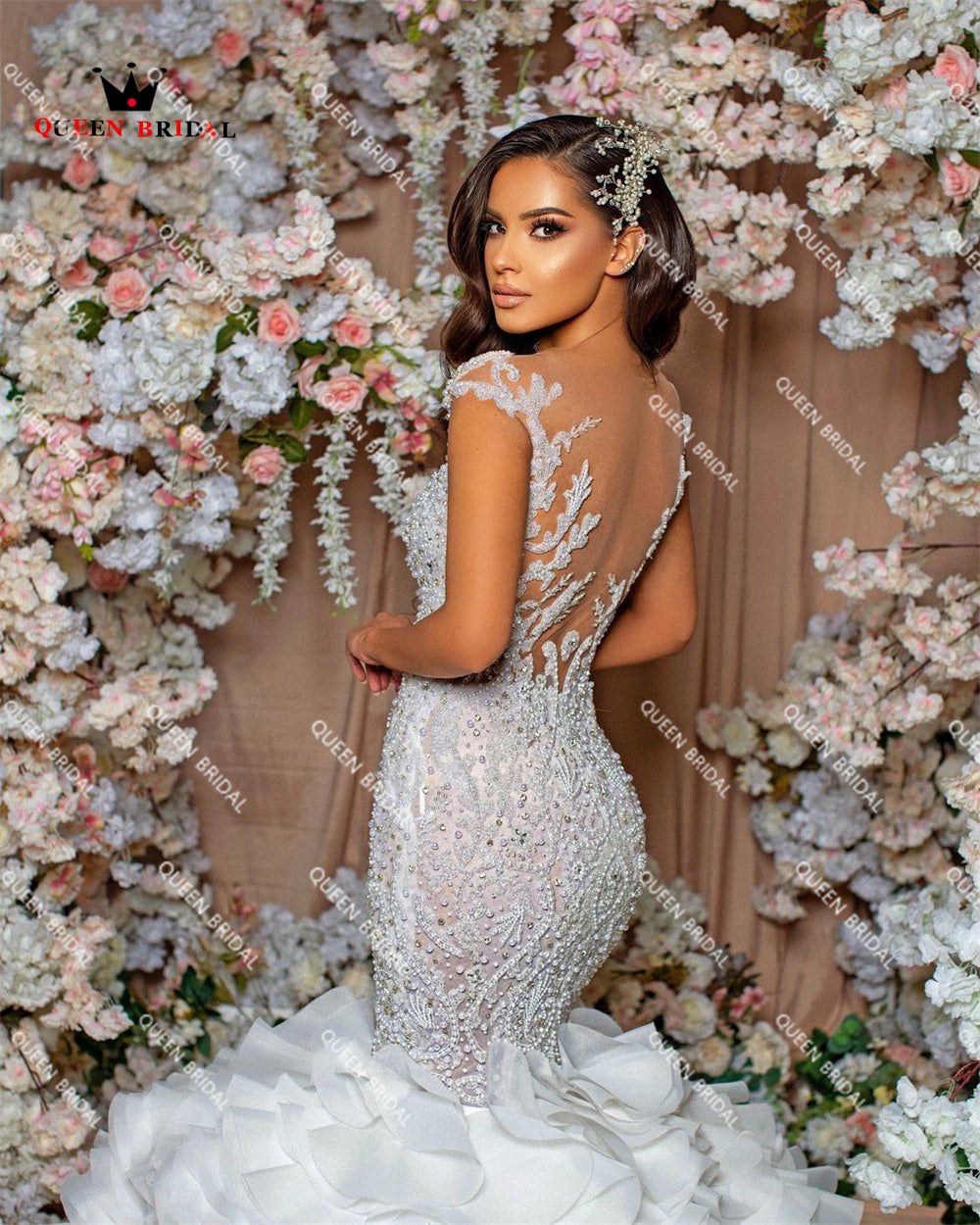 Premium Sexy Mermaid Wedding Dresses Luxury Puffy Train Tulle Lace Crystal Beaded Diamonds Bridal Gown New Design Custom Made