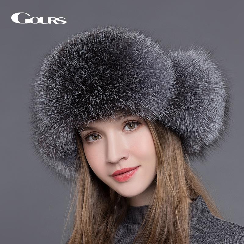 Gours Fur Hat for Women Natural Raccoon Fox Fur Russian Ushanka Hats Winter Thick Warm Ears Fashion Bomber Cap Black New Arrival