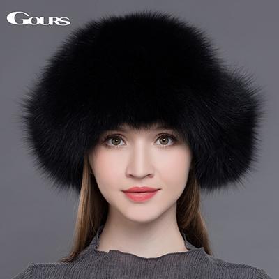 Gours Fur Hat for Women Natural Raccoon Fox Fur Russian Ushanka Hats Winter Thick Warm Ears Fashion Bomber Cap Black New Arrival