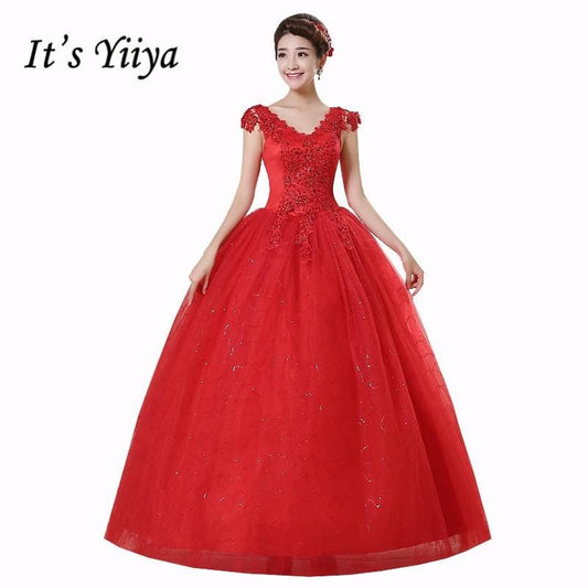 Red White Crystal V-neck Wedding Gowns Plus size Princess Lace Bride Frocks Dress