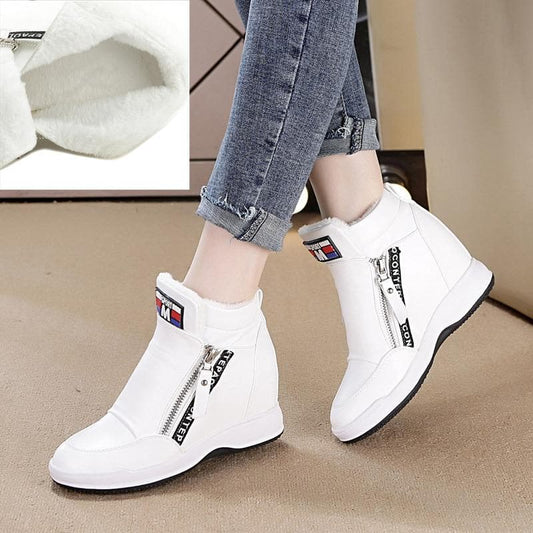 SWYIVY Winter Fur Sneakers Platform Woman  Autumn High Top Female Casual Shoes Wedge Side Zipper Fashion Warm Snow Sneakers