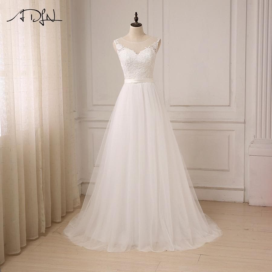 ADLN Cheap Lace Wedding Dress O-Neck Tulle Boho Beach Bridal Gown Bohemian Wedding Gowns Robe De Mariage In Stock
