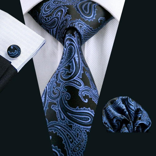 LS-981 Hot Selling Men Tie Blue Paisley 100% Silk Gravata Jacquard Woven NeckTie Hanky Cufflink Set For Men Formal Wedding Party