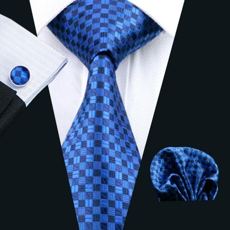 LS-561 Men`s Tie 100% Silk Blue Plaid Jacquard Woven Tie + Hanky + Cufflinks Sets For Men Wedding Business Party Free Postage