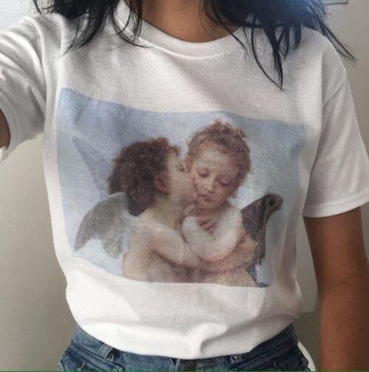 Hillbilly Kawaii ANGELS KISS ART PAINT WHITE Pink COTTON T-SHIRT Plus Size Short Sleeve Top Quality Women Harajuku T shirts Tees