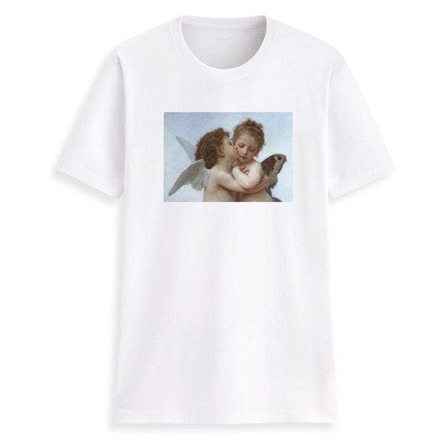 Hillbilly Kawaii ANGELS KISS ART PAINT WHITE Pink COTTON T-SHIRT Plus Size Short Sleeve Top Quality Women Harajuku T shirts Tees