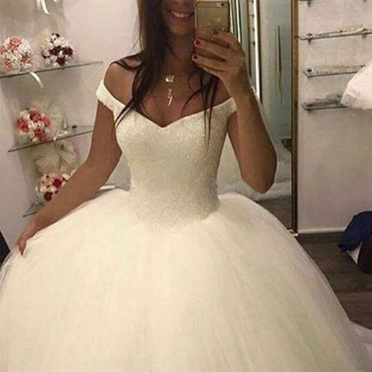 Fansmile New Bling Bling Ball Gown Wedding Dresses Off the Shoulder Bridal Wedding Gowns Customized Plus size FSM-503F