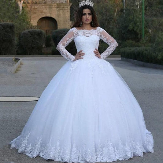 E JUE SHUNG White Vintage Lace Appliques Long Sleeves Cheap Wedding Dresses Ball Gown Wedding Gowns Bridal Dress robe de soiree