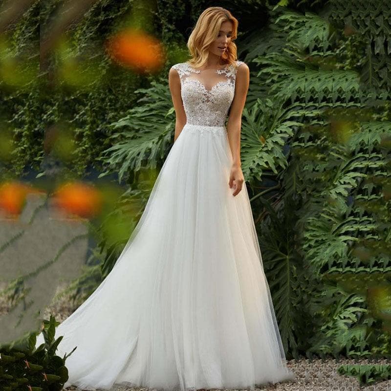 LORIE Princess Wedding Dress O-Neck Appliqued with Lace top Tulle Skirt Beach Boho Wedding Gown Custom made Bride Dresses