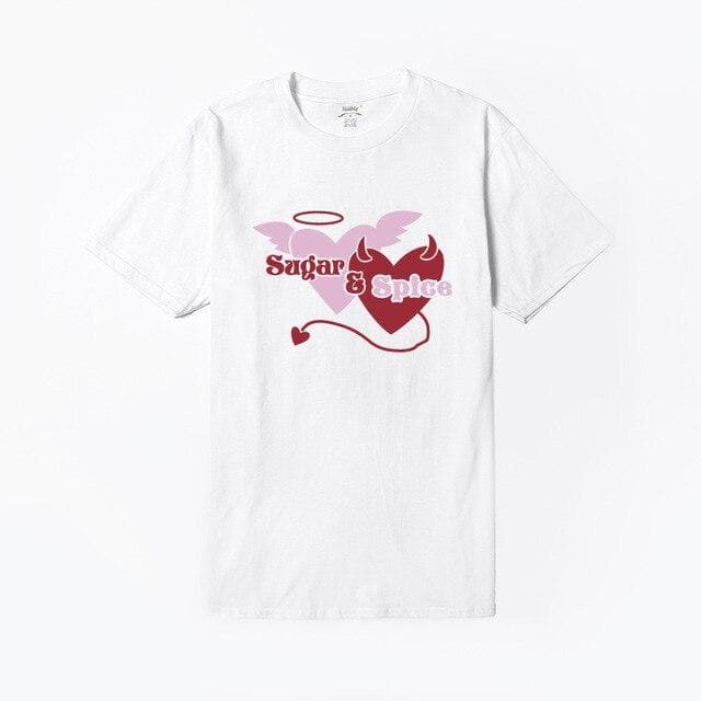 Hillbilly Women's Short Sleeve O-Neck White T-shirts Cute Devil Heart Fashion T Shirts Casual Sugar Spice Unisex Clothing Tops
