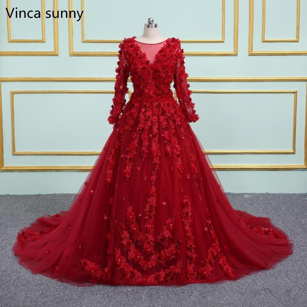 Vinca Sunny Red Wedding Dresses Scoop Neck Sheer Back 3d Flowers Wedding Gown Princess Ball Gown Bridal Gowns casamento