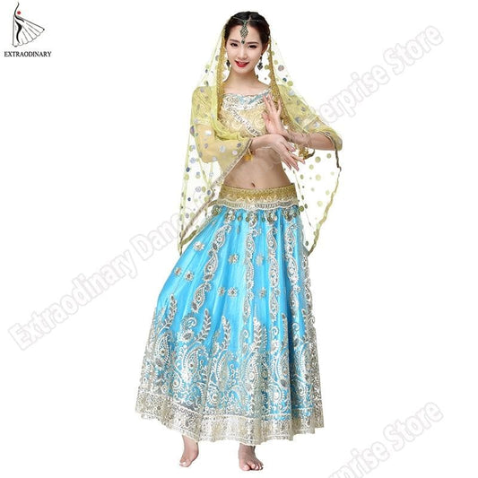 New Bollywood Belly Dance Costume Indian Dresses For Women Dancing Suit Tops Performance Veils 4pcs Set Top Belt Skirt Sari  (No return and no refund on this item)