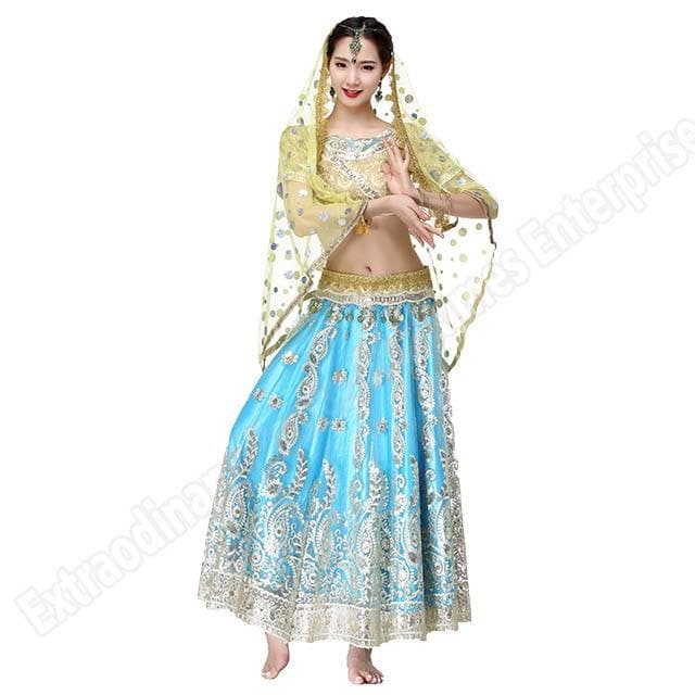 New Bollywood Belly Dance Costume Indian Dresses For Women Dancing Suit Tops Performance Veils 4pcs Set Top Belt Skirt Sari  (No return and no refund on this item)