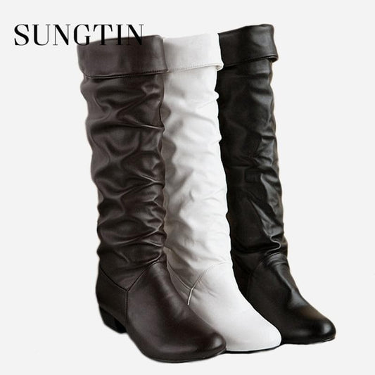 PU Leather Knee High Classic Flat Boots