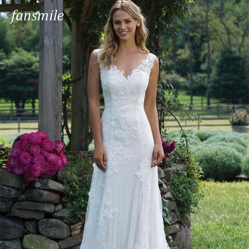 Fansmile New Vestido De Noiva White Lace Mermaid Wedding Dress Train Plus Size Customized Wedding Gown Bride Dress FSM-466M