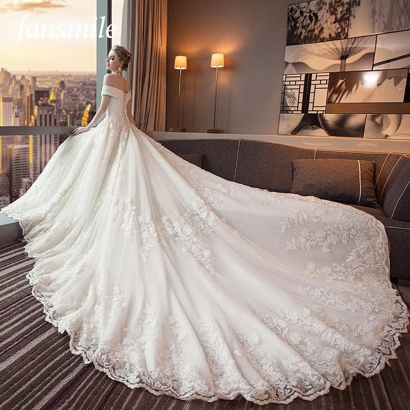Fansmile Luxury Long Train Vestido De Noiva Lace Wedding Dress Customized Plus Size Wedding Gowns Bridal Dress FSM-491T
