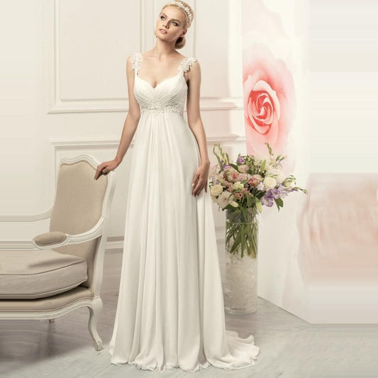 Simple Spaghetti Straps Chiffon Wedding Dresses Elegant Bohemian Empire Bridal Gown White/Ivory Vestido de Novia