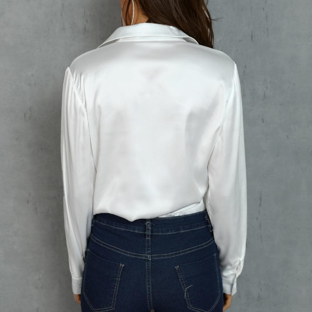 Fashion White Satin Silk Blouse Ladies Casual Long Sleeve Button Turndown Collar Silk Satin blouses shirts