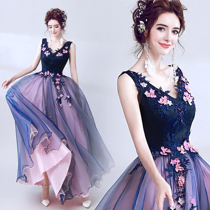 New dark blue long lace summer lady girl women princess bridesmaid banquet party ball dress gown