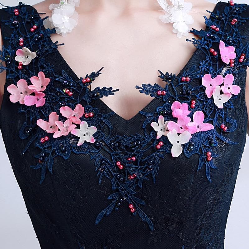 New dark blue long lace summer lady girl women princess bridesmaid banquet party ball dress gown