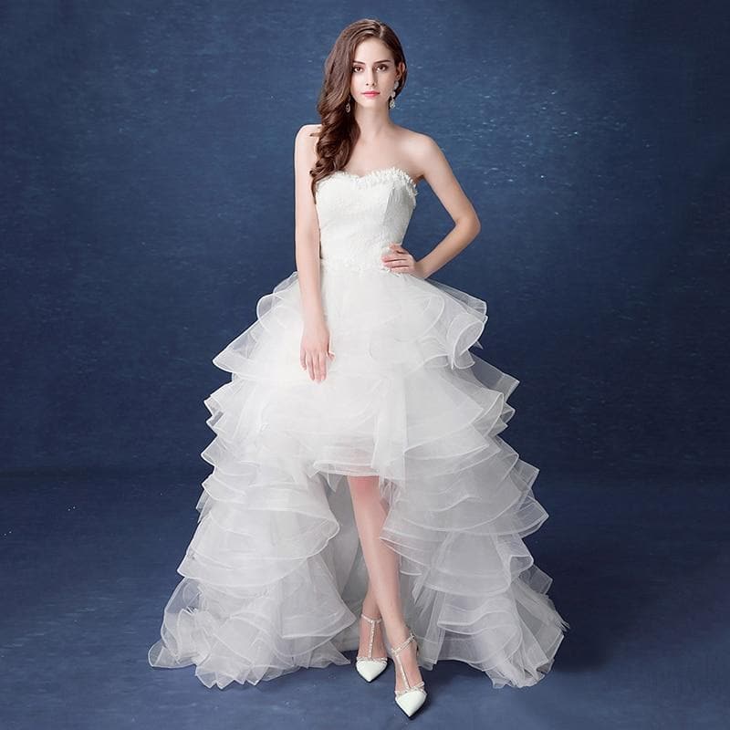 New Front Short Long Back Strapless Wedding Dress Sweet Bride Dress With Train Customized Wedding Gown Vestido De Noiva L