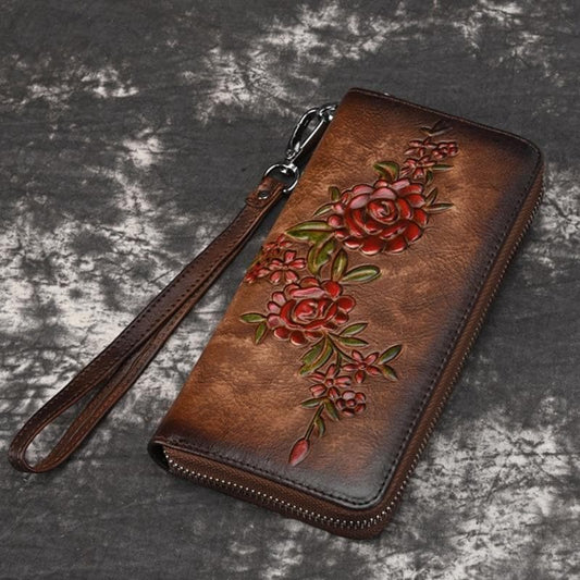 Women Natural Skin Long Wallet Money Handy Bag ID Card Holder Embossed Floral Genuine Leather Zipper Clutch Wrist Bags Purse
