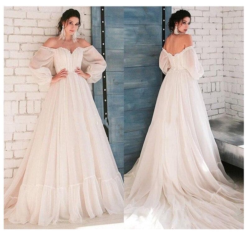 LORIE Boho Ivory Wedding Dress A-Line Appliques Puff Sleeves Bride Dress  White Lace Top Wedding Gown Free Shipping