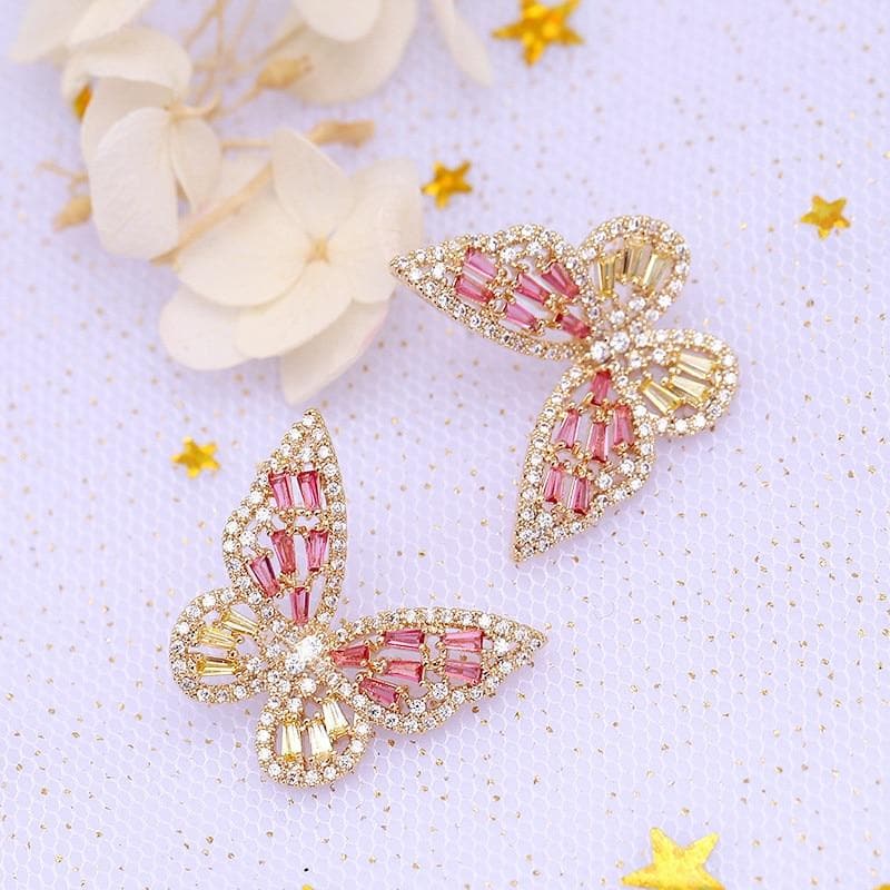 Zircon Butterfly Stud Earrings for Women Girls Silver Gold Pink Blue Color Fashion Wedding Earring pendientes mujer moda