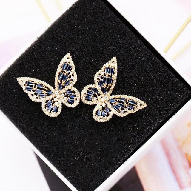 Zircon Butterfly Stud Earrings for Women Girls Silver Gold Pink Blue Color Fashion Wedding Earring pendientes mujer moda
