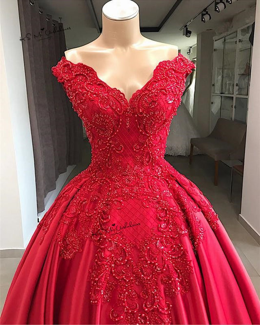 Premium Collections - Designer Vintage Red Wedding Dress Lace Beaded Church Bride Dresses Custom Made off Shoulder Wedding Gowns